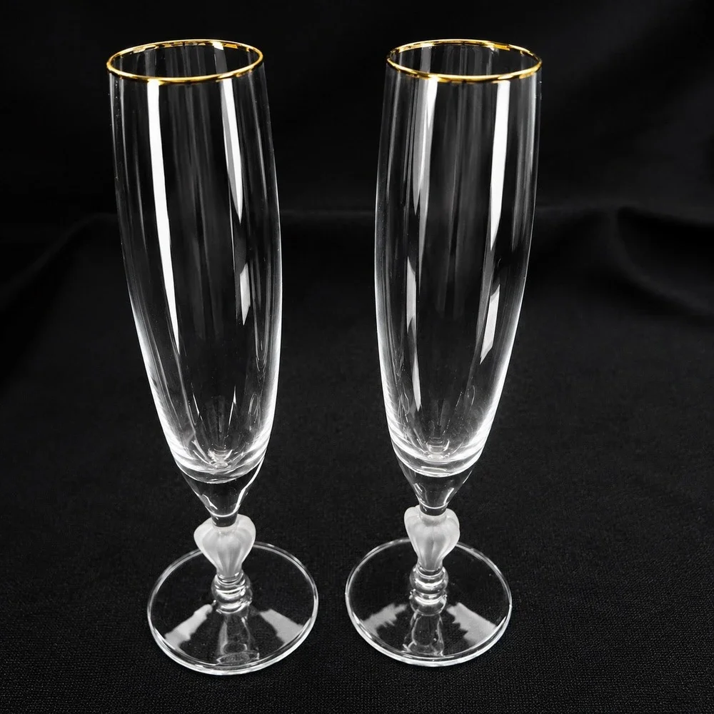 2 Marquis Waterford Sweet Memories Gold Trim Heart Stem Toasting Flutes Set of 2 - Picture 4 of 9